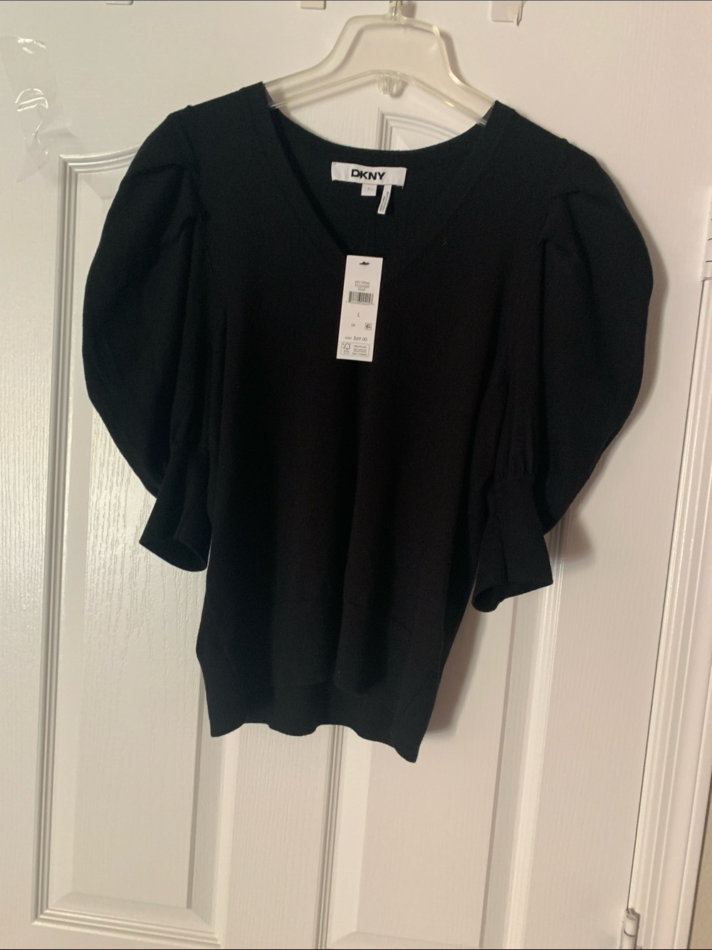 DKNY Black V-Neck Puff Sleeve Sweater
